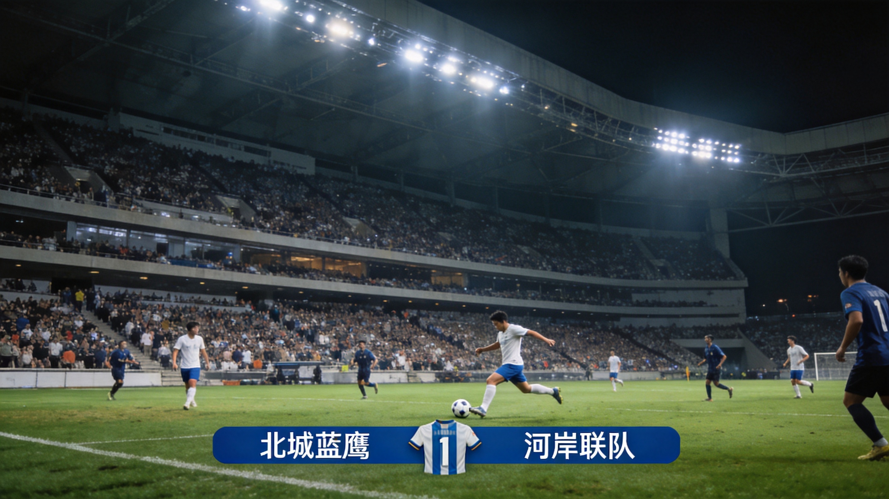 夜间灯光下座无虚席的足球场，比赛正在进行